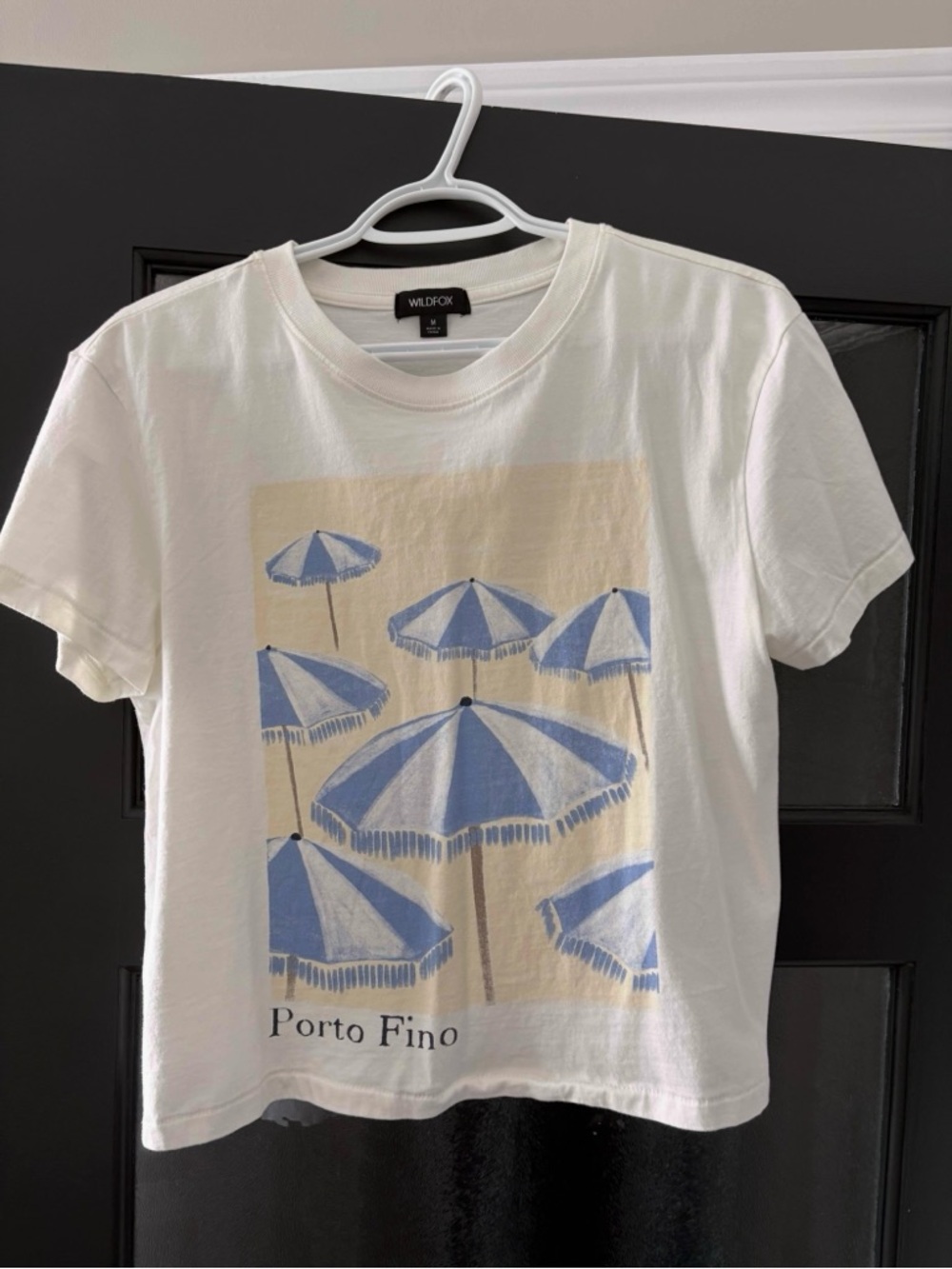 Wildfox White Tee with Blue Umbrella Graphic